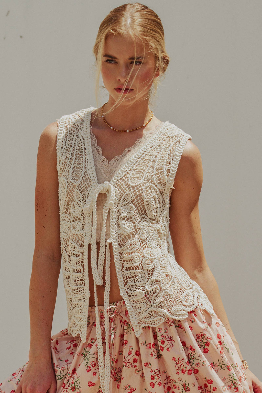Open-Work Crochet Tie-Front Vest Top