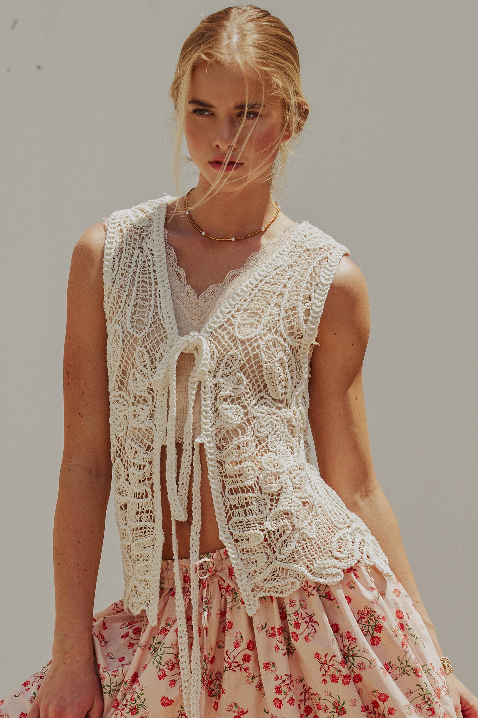 Open-Work Crochet Tie-Front Vest Top