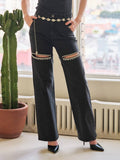 Rhinestone Cut Out Washed Denim Jeans