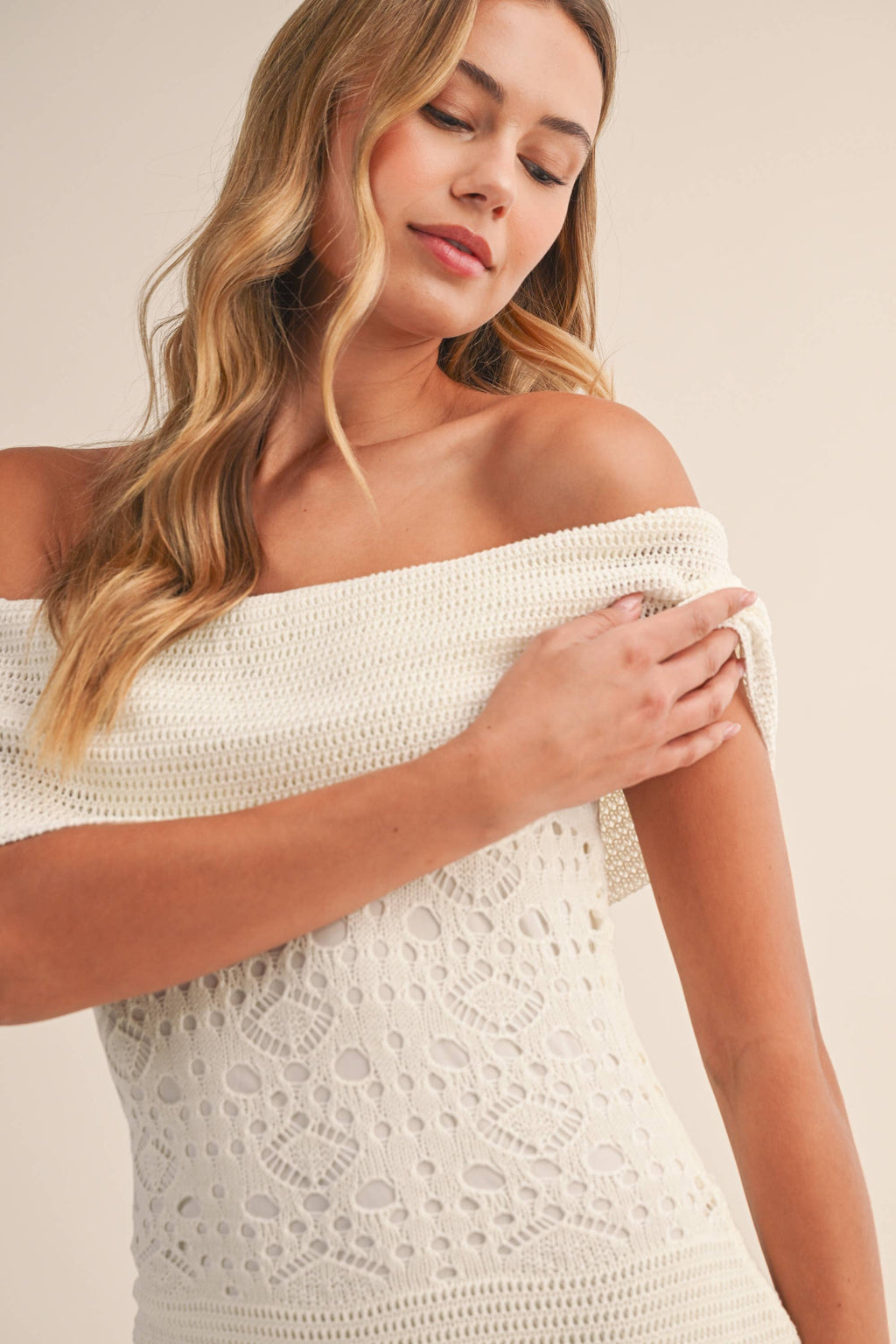 CROCHET FOLDOVER OFF SHOULDER SWEATER MAXI DRESS