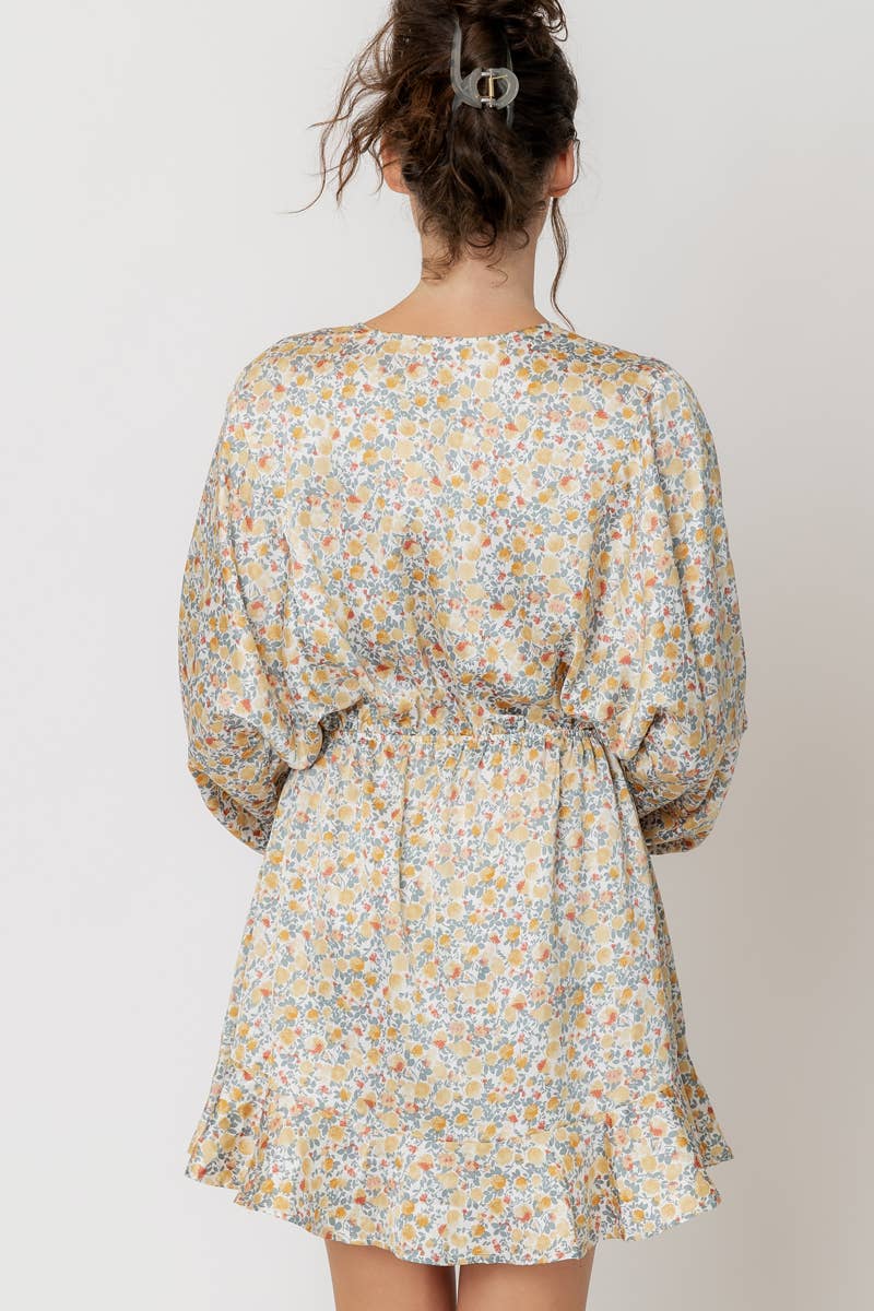 Long Sleeve V-Neck Satin Floral Mini Dress