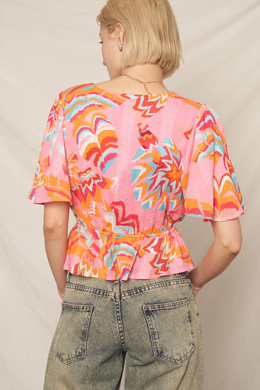 Printed Flutter Sleeve V-Neck Top