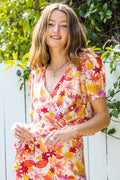 Tropical Print Wrap V Neck Top