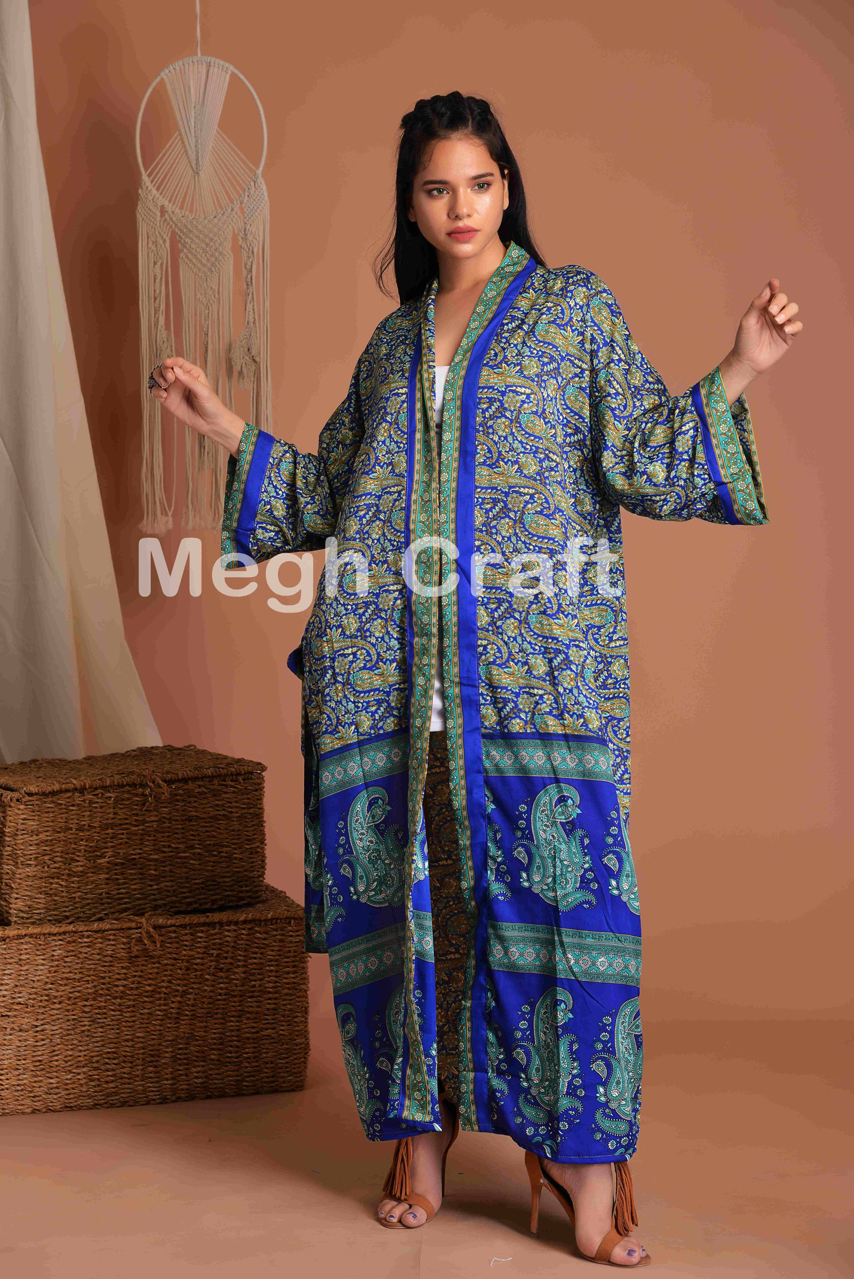 Upcycled Silk Kimono Robe, Body coverup FREE SIZE