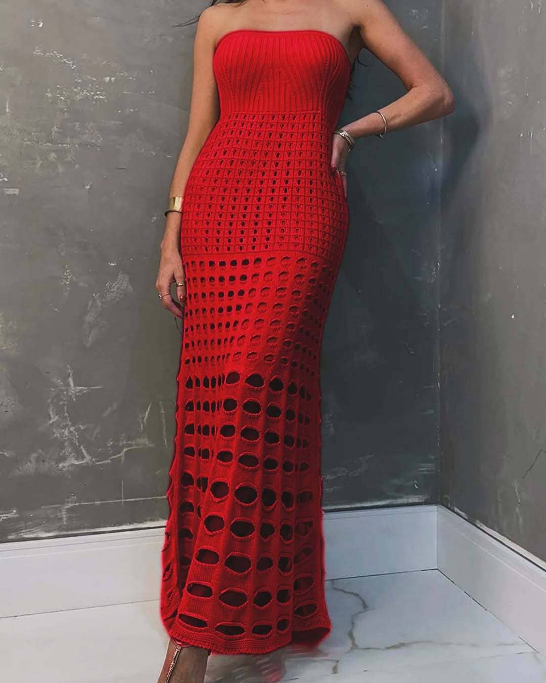 Chic Beach/Resort Strapless Crochet Maxi Dress