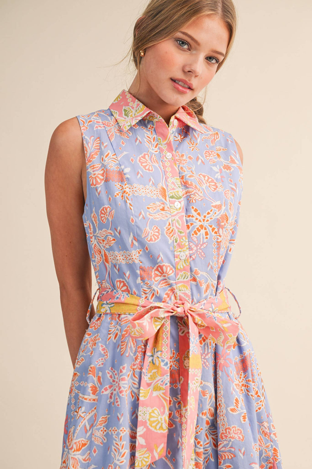 MIXED FLORAL PRINT BELTED BUTTON DOWN MIDI DRESS MDR4733