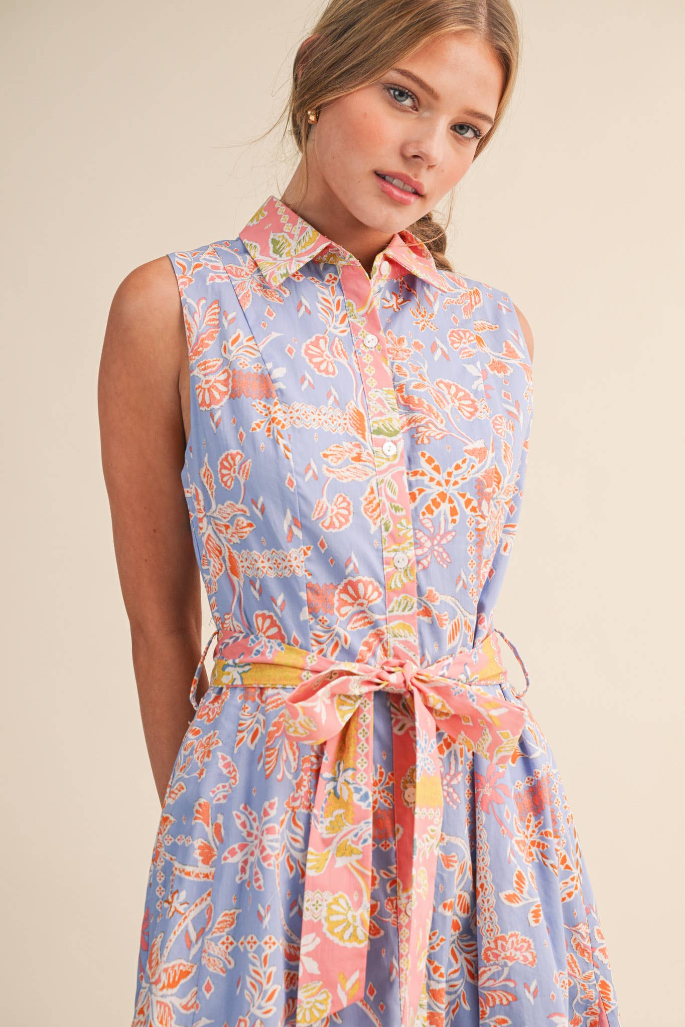 MIXED FLORAL PRINT BELTED BUTTON DOWN MIDI DRESS MDR4733
