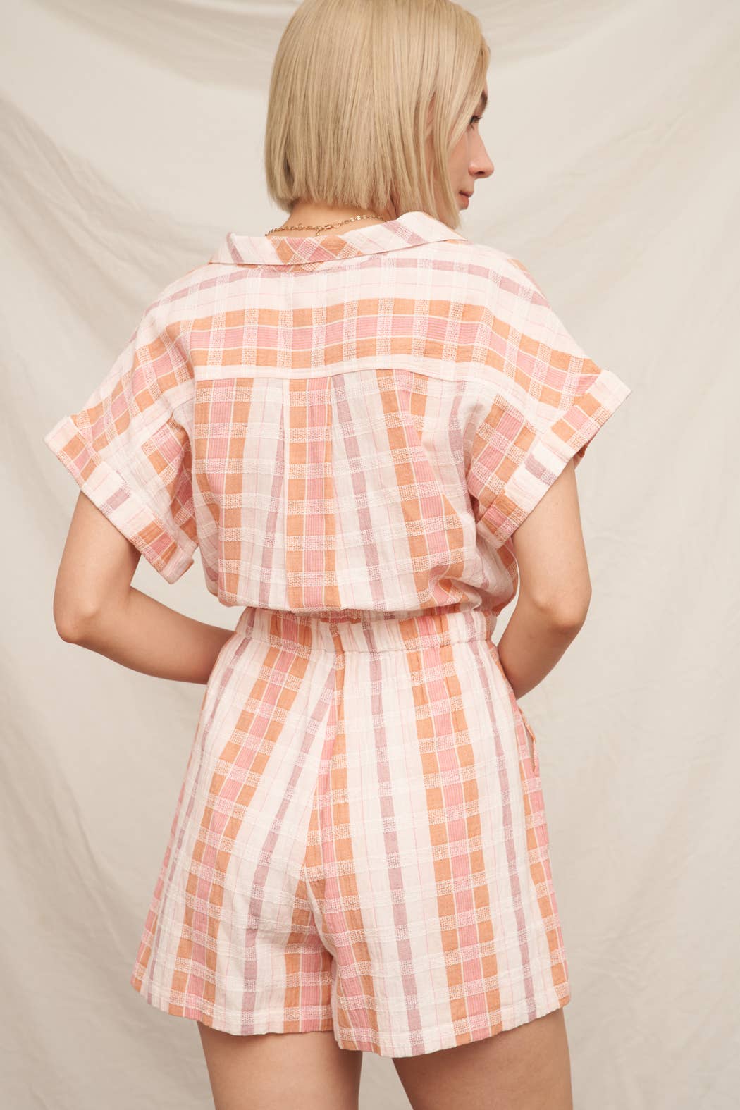 Short Sleeve Plaid Drawstring Waist Romper