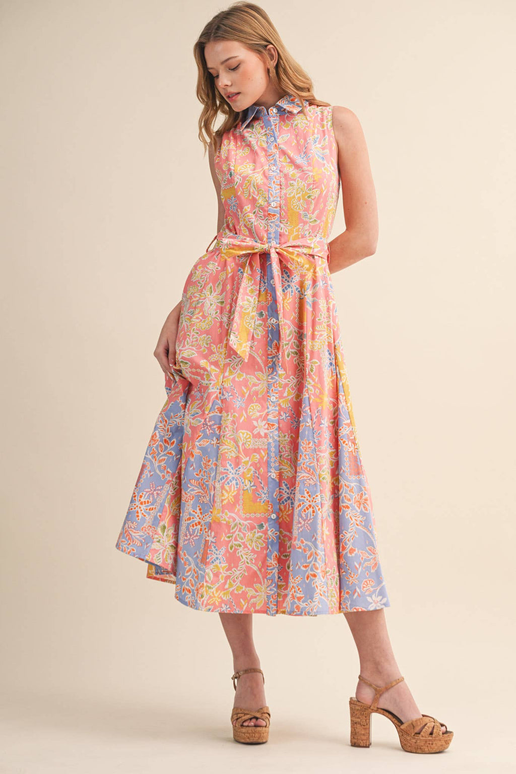MIXED FLORAL PRINT BELTED BUTTON DOWN MIDI DRESS MDR4733
