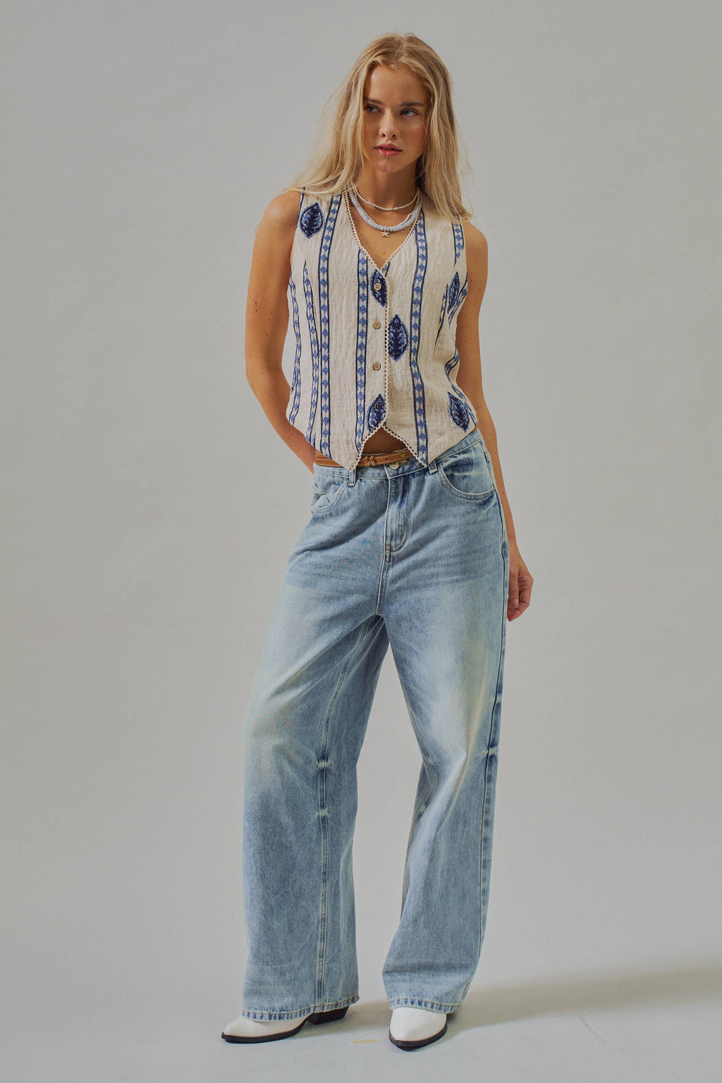 Blue Embroidered Linen Blend Button Front Vest
