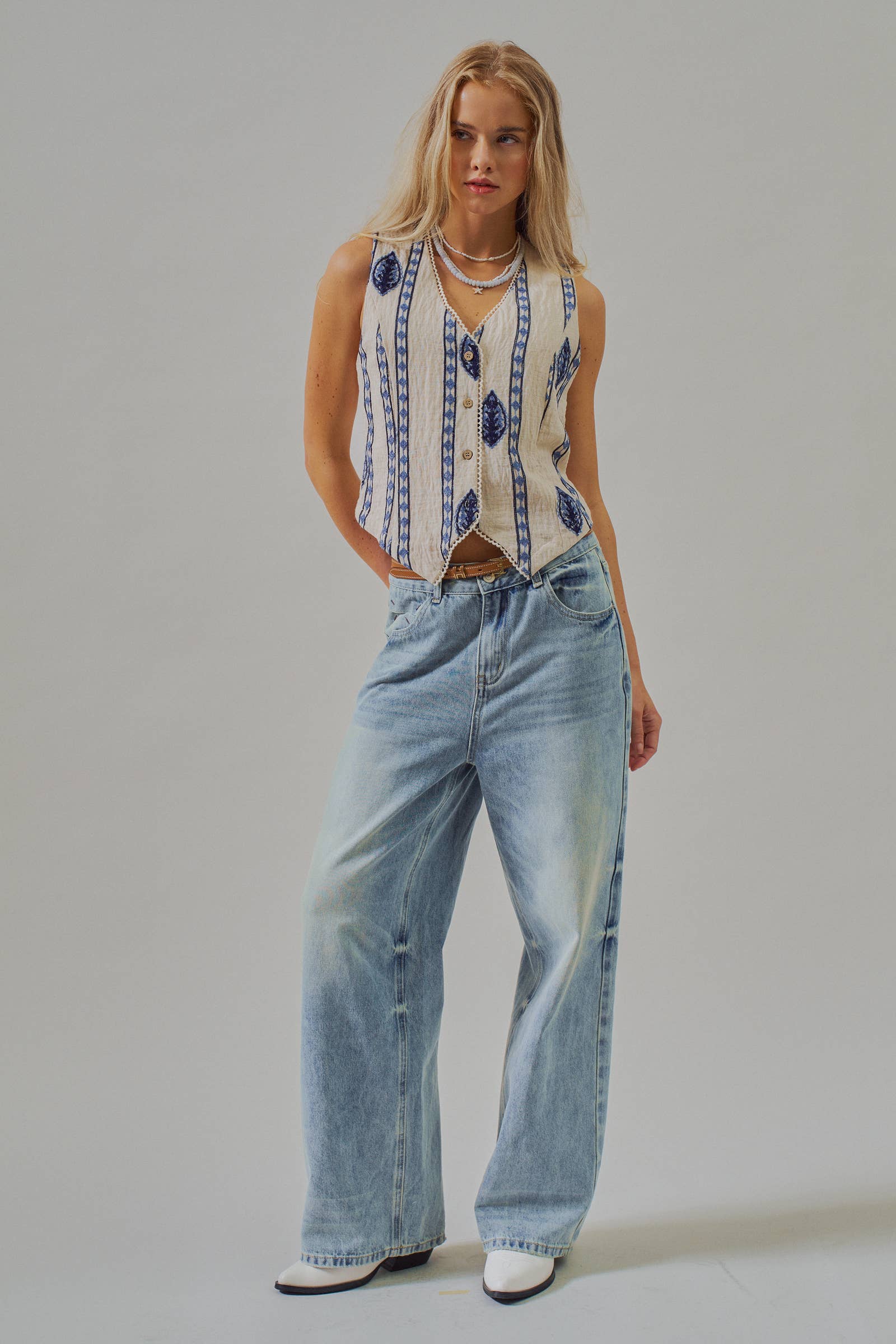 Blue Embroidered Linen Blend Button Front Vest