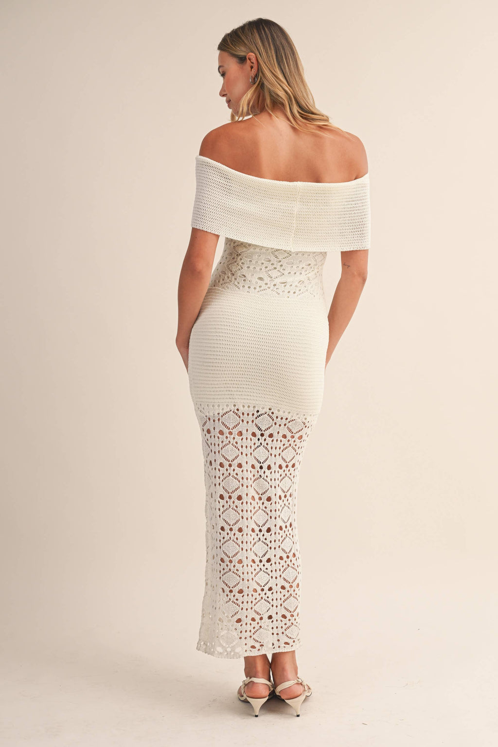 CROCHET FOLDOVER OFF SHOULDER SWEATER MAXI DRESS