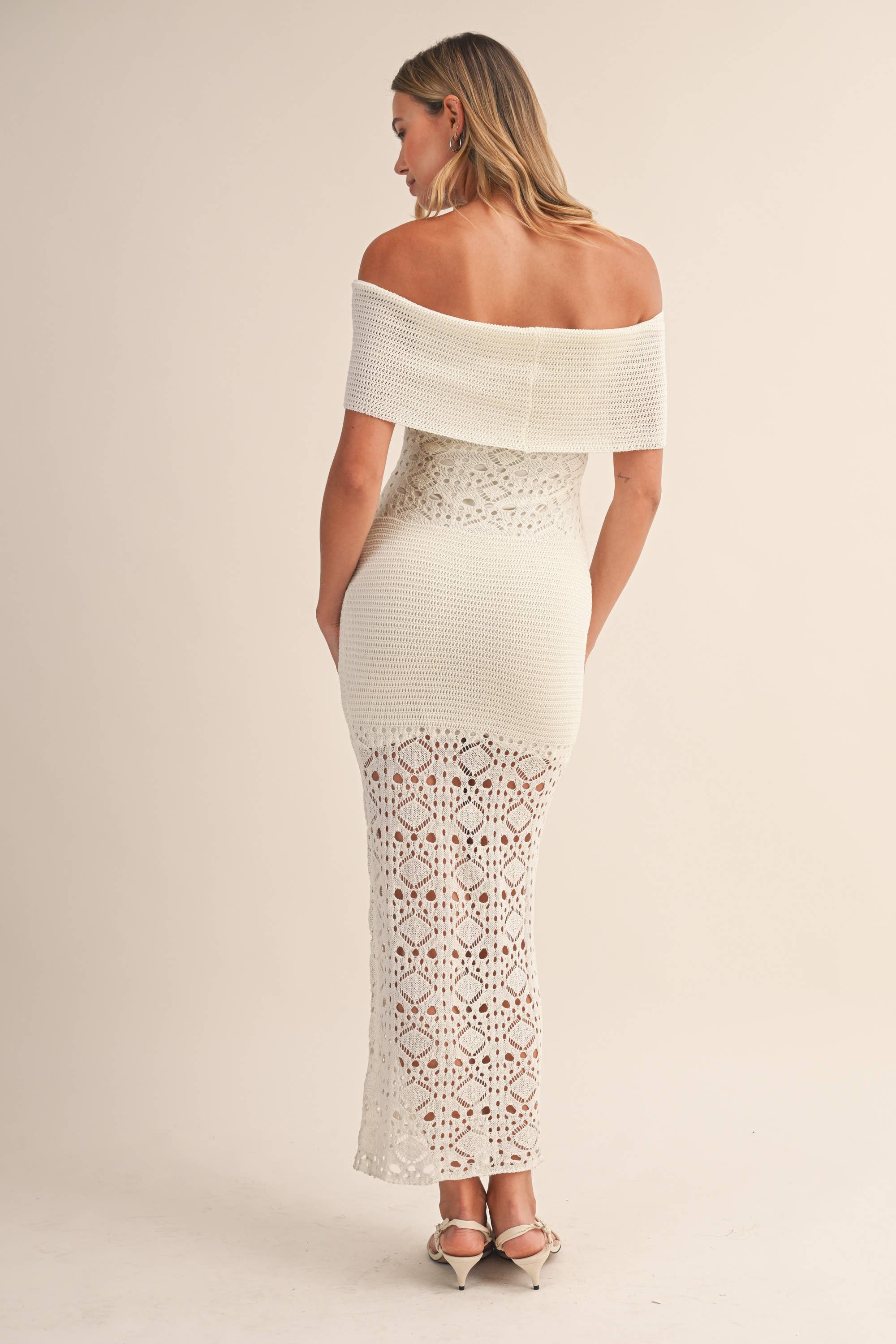 CROCHET FOLDOVER OFF SHOULDER SWEATER MAXI DRESS
