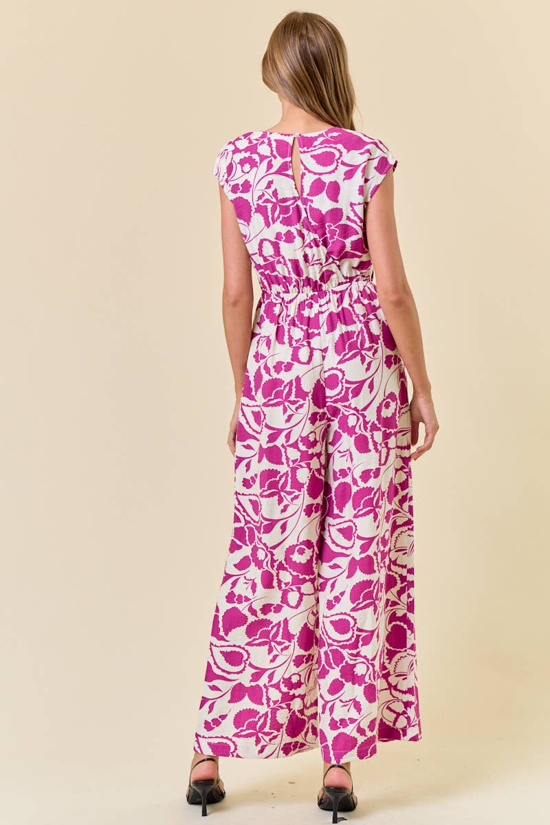 Floral Print V-Neck Wide Leg Front Tie Jumpsuit