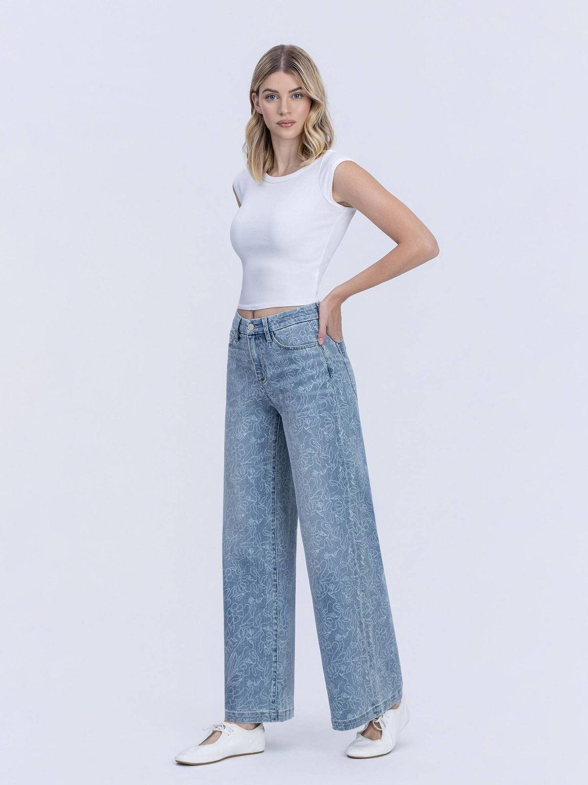 HIGH RISE MEDIUM LIGHT FLORAL PRINT WIDE LEG JEANS T7335FPR