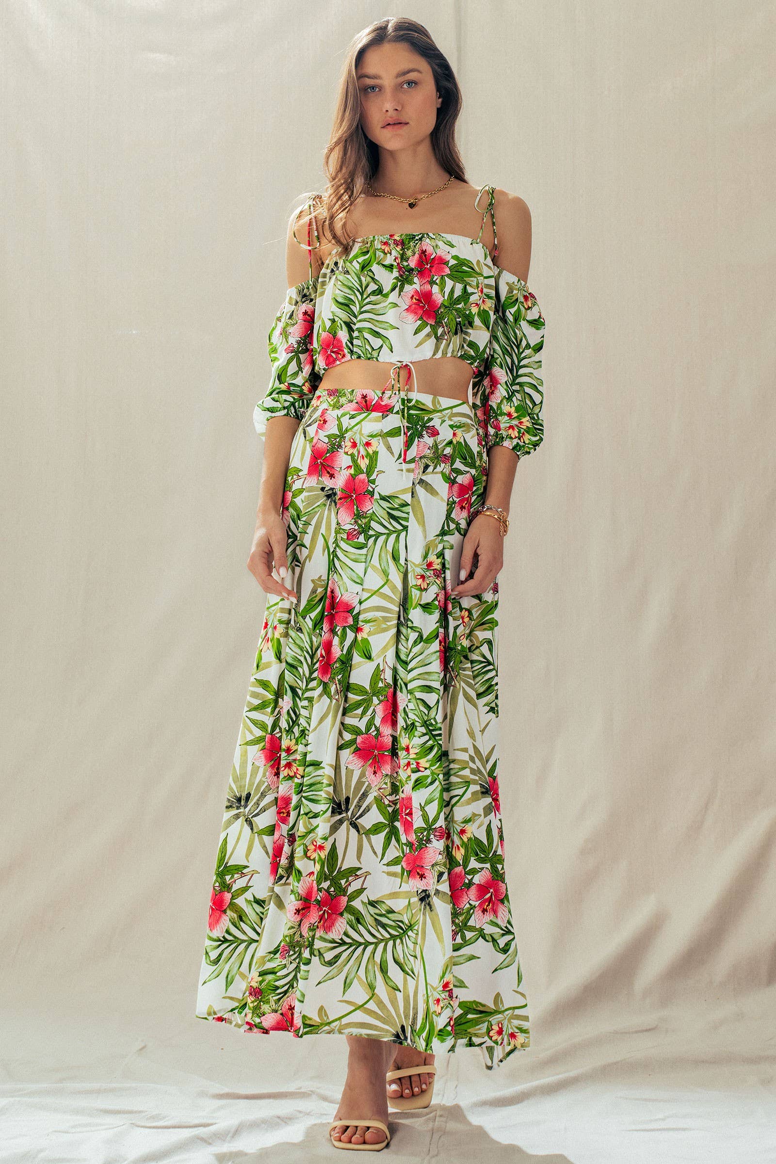 Off Shoulder Crop Top with Floral Maxi Skirt