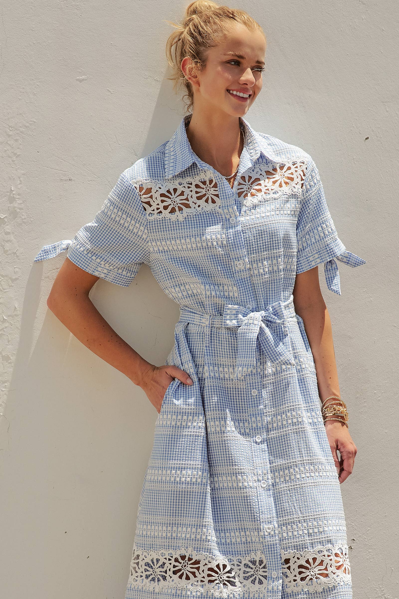 Gingham Cotton Shirt Dress Eyelet Embroidery