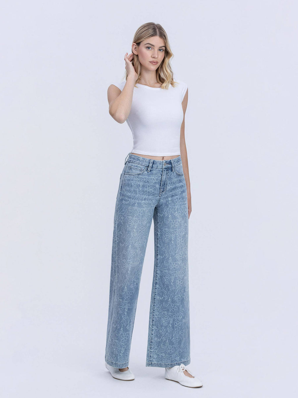 HIGH RISE MEDIUM LIGHT FLORAL PRINT WIDE LEG JEANS T7335FPR