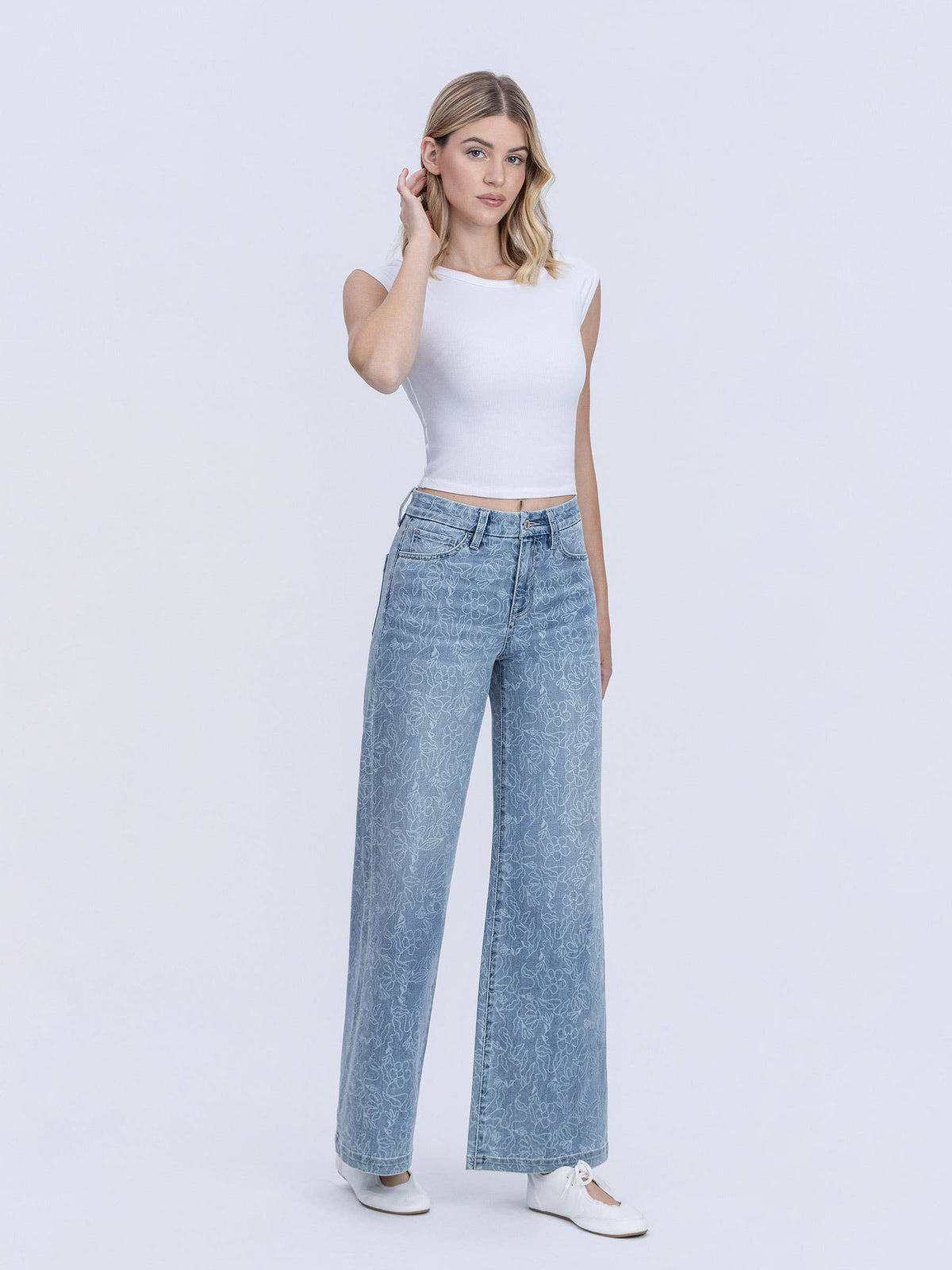 HIGH RISE MEDIUM LIGHT FLORAL PRINT WIDE LEG JEANS T7335FPR
