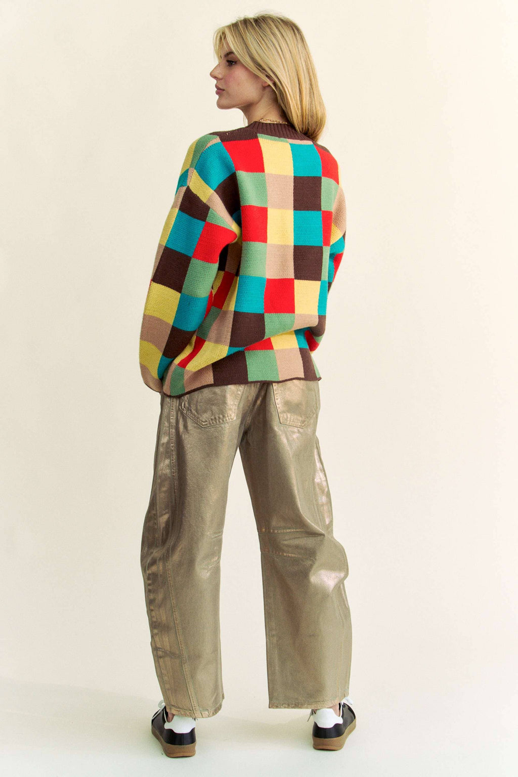 Multicolor Checkerboard Knit Pullover Sweater