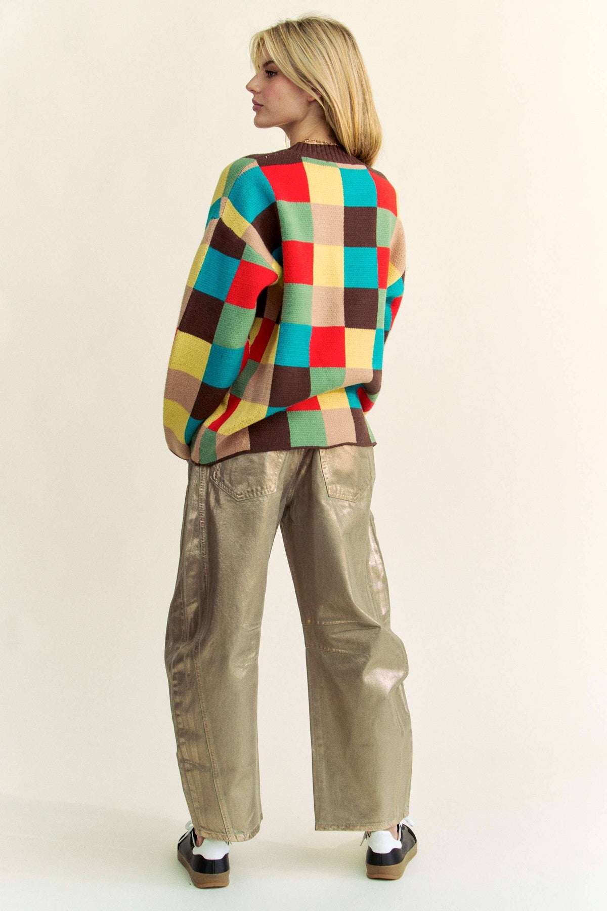 Multicolor Checkerboard Knit Pullover Sweater