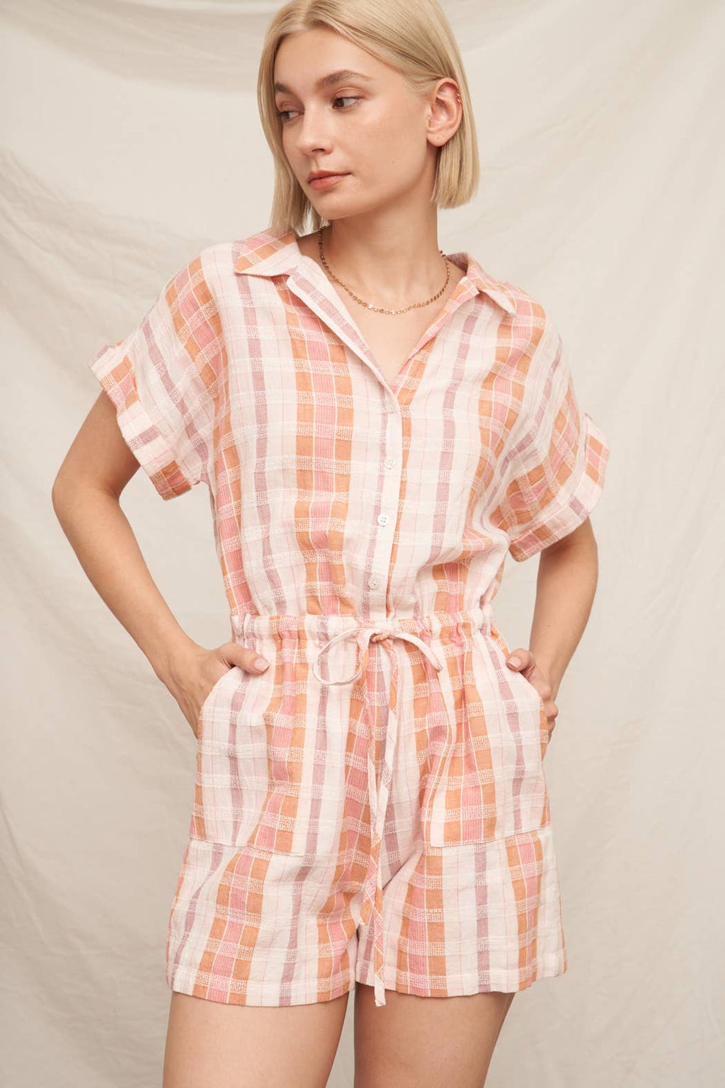 Short Sleeve Plaid Drawstring Waist Romper