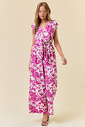 Floral Print V-Neck Wide Leg Front Tie Jumpsuit