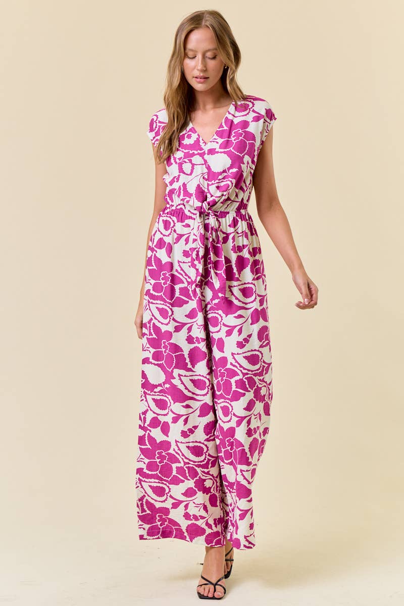 Floral Print V-Neck Wide Leg Front Tie Jumpsuit