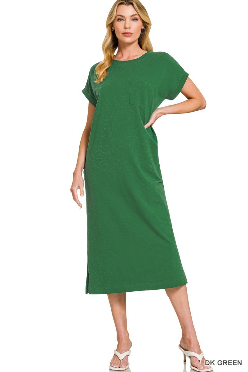 Round Neck Short Sleeve Midi Dress w/ Pockets - Zenana