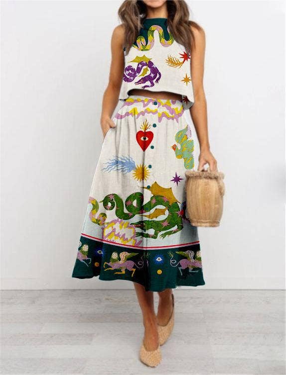 Wonderland Print tank top & skirt 2 piece set