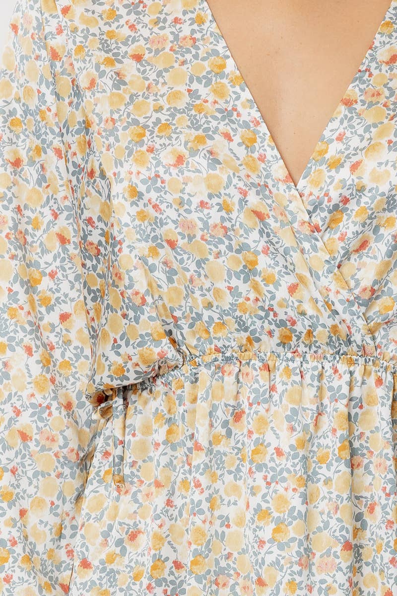 Long Sleeve V-Neck Satin Floral Mini Dress