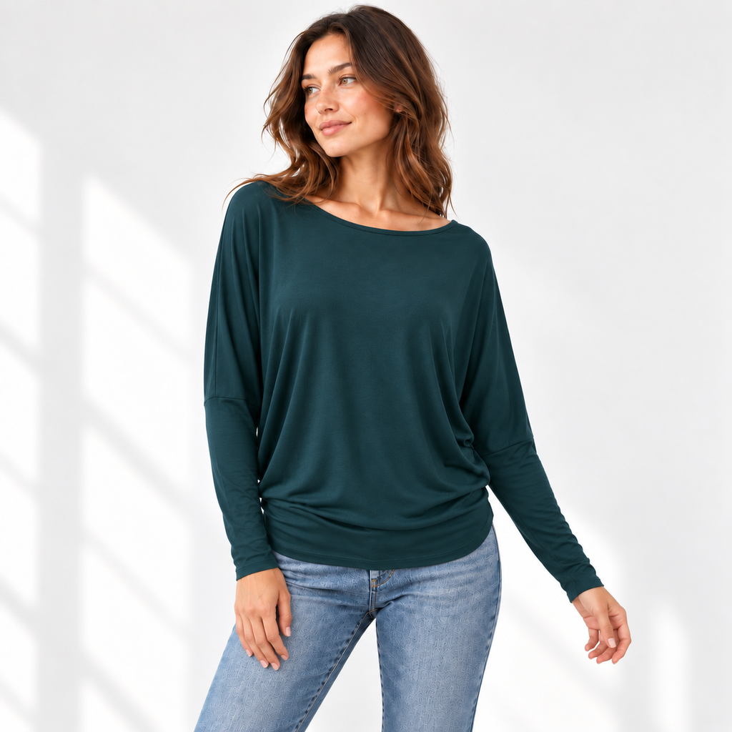 Relaxed Dolman Sleeve Top with Curved Back Hem