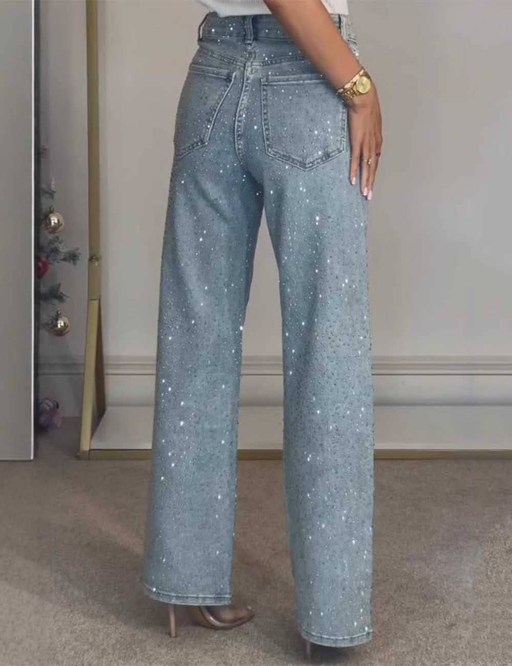Ladies Rhinestone Button Pocket Straight Denim Pants