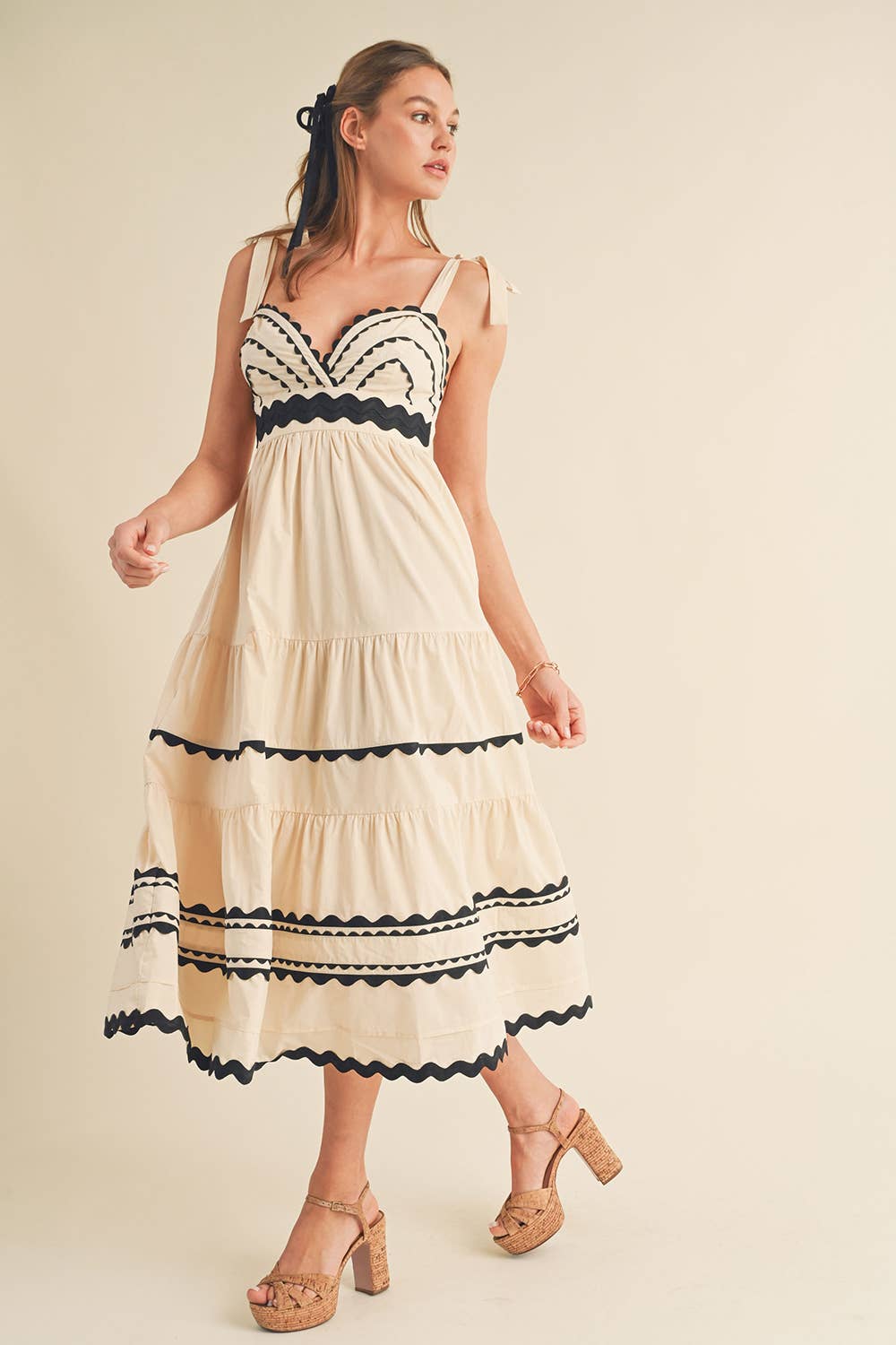 TIERED RIC RAC TRIM MIDI DRESS MDR3075