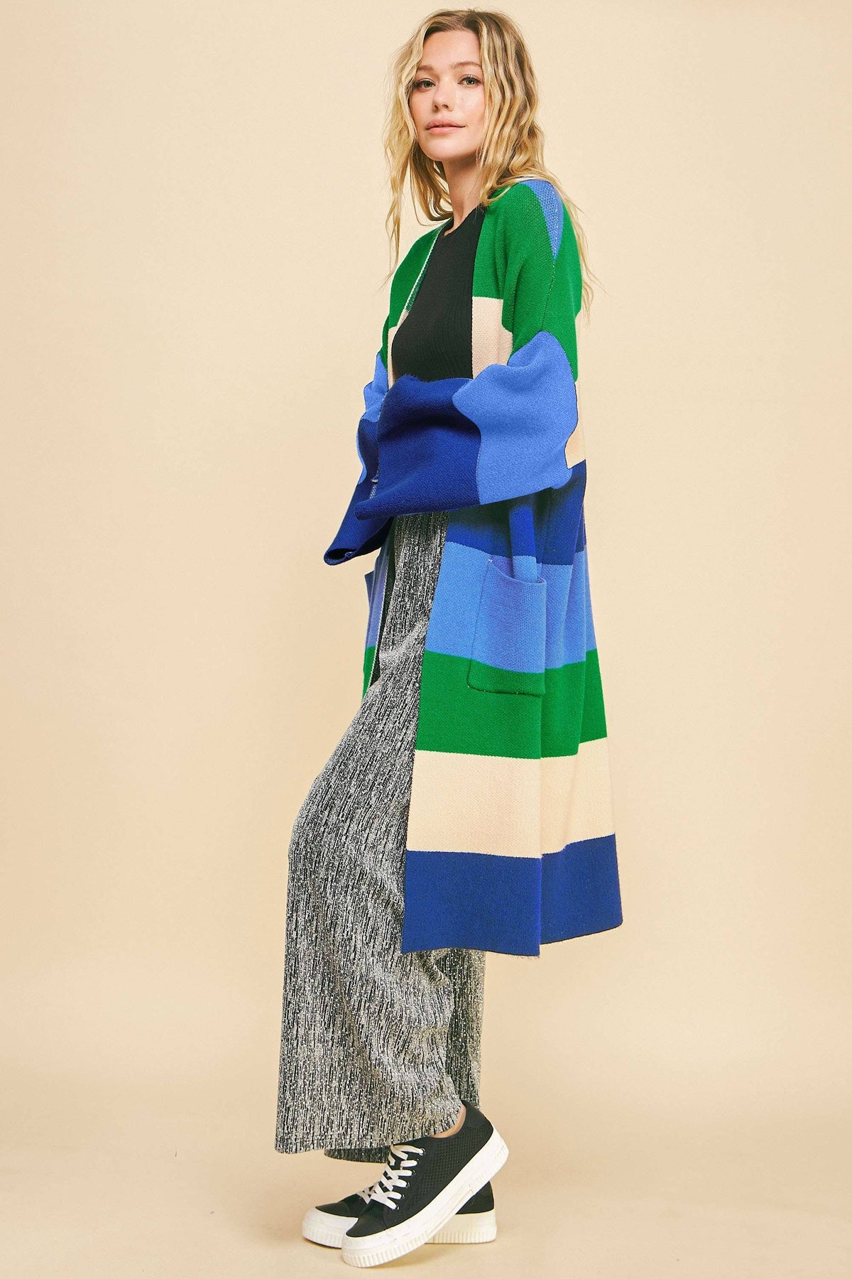 Plus - Multi Stripe Kimono Sleeve Longline Open Cardigan