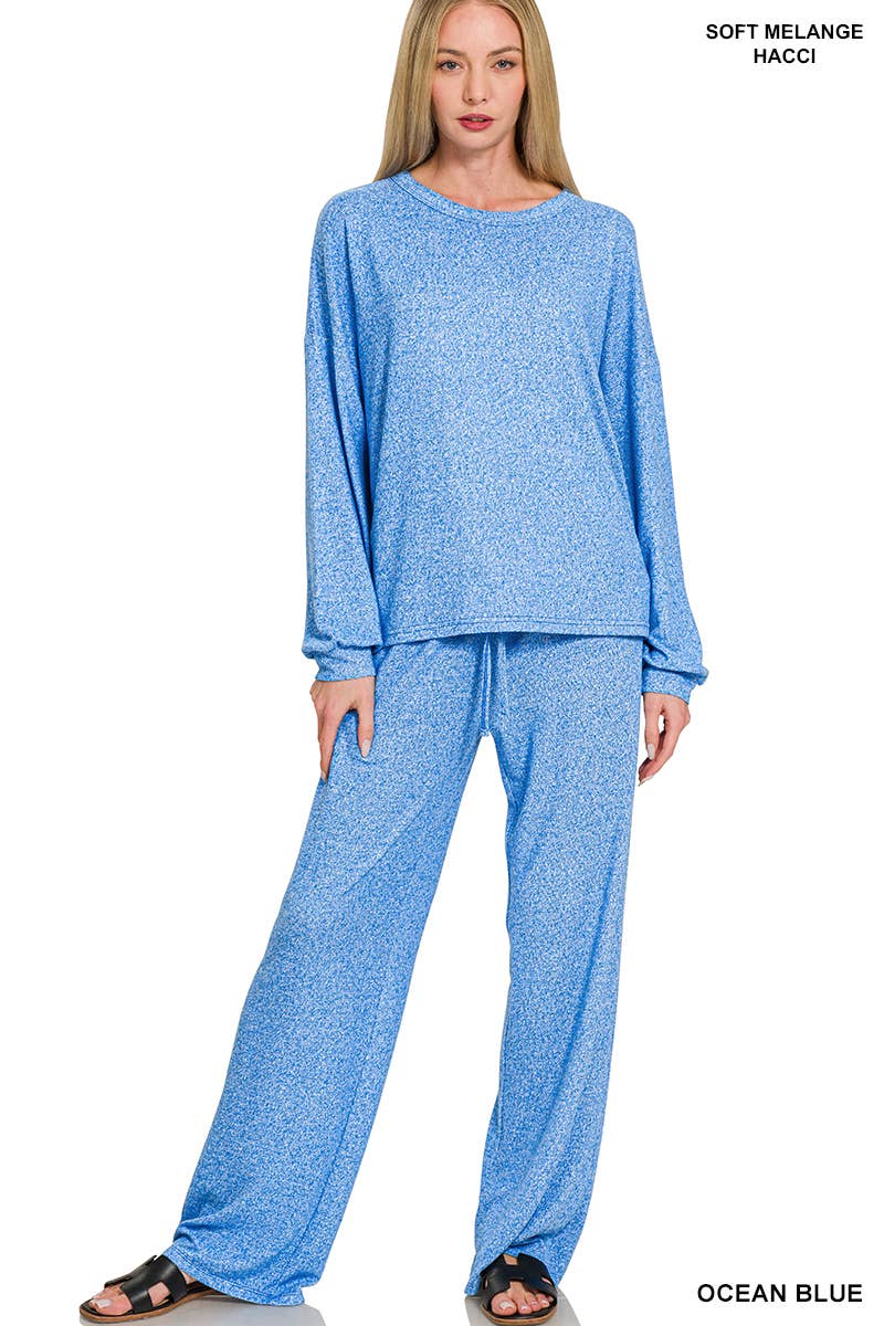 Soft Melange Hacci Long Slv Tee & Pants Set Zenana
