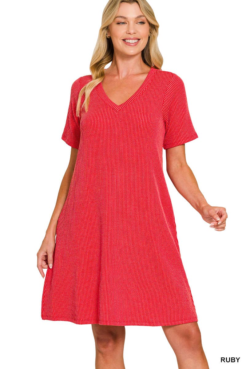 Raised Rib V Neck  A Line Dress With Side Pockets
