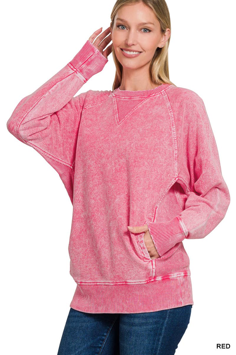 Halo Washed French Terry Raglan Sleeve Pullover W/ Pockets - Zenana