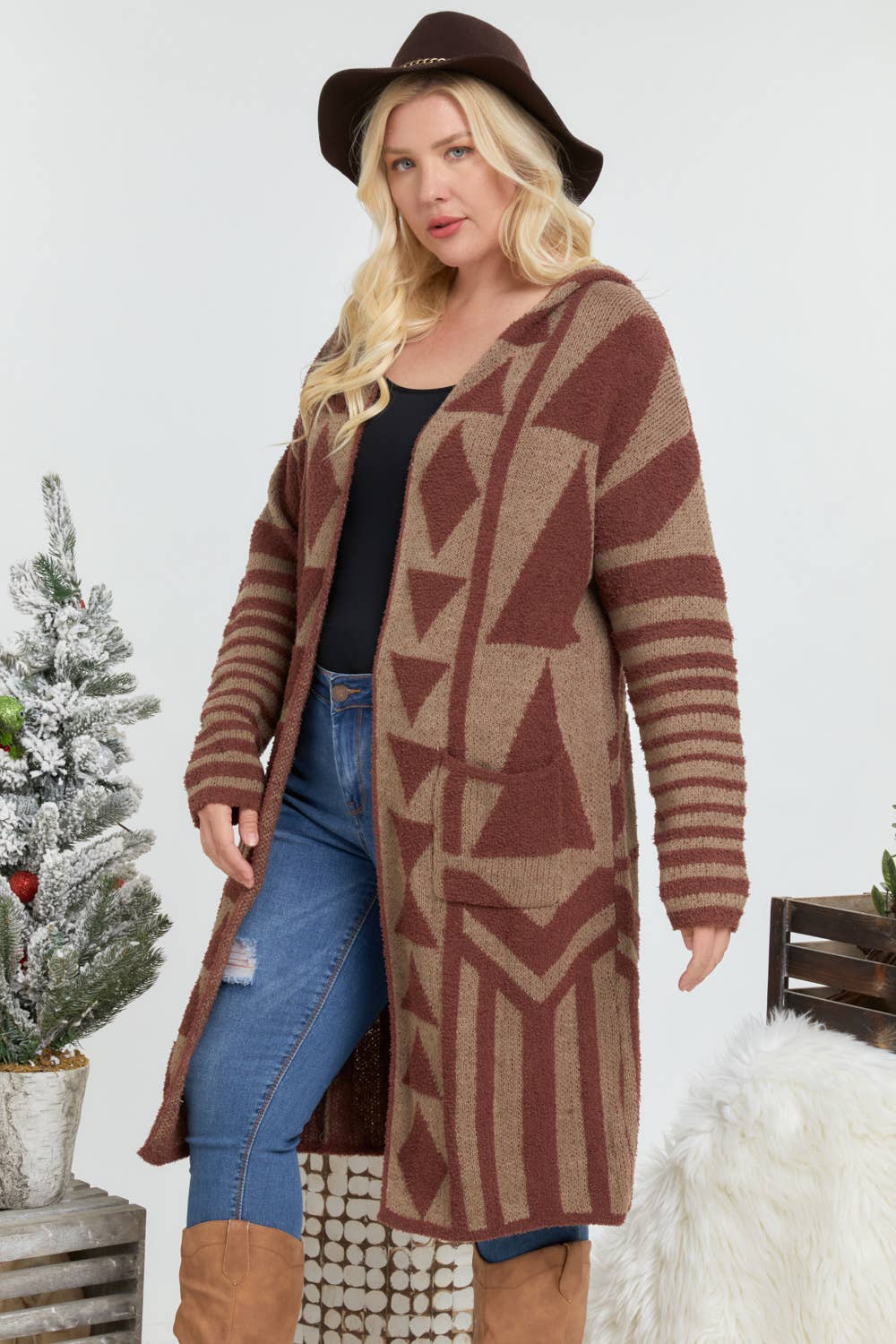 Plus - Aztec Pattern Knit Longline Hooded Cardigan