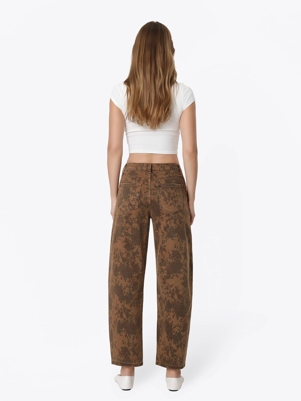 HIGH RISE BROWN FLORAL PRINT BARREL JEANS T7587BRN