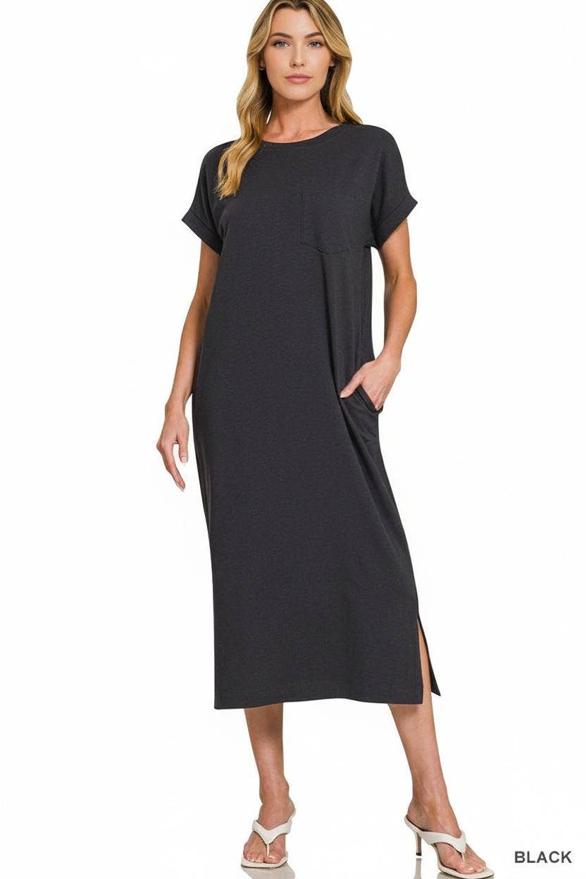 Round Neck Short Sleeve Midi Dress w/ Pockets - Zenana