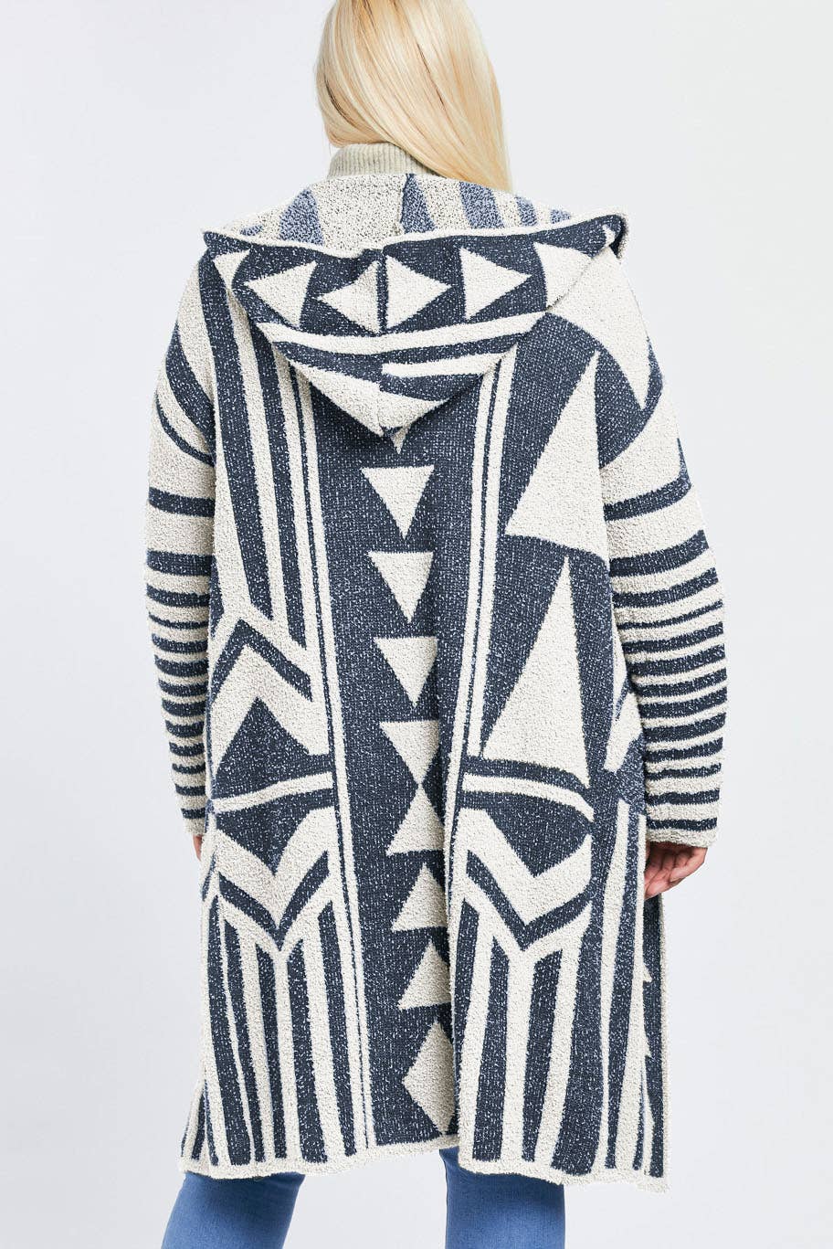 Plus - Aztec Pattern Knit Longline Hooded Cardigan