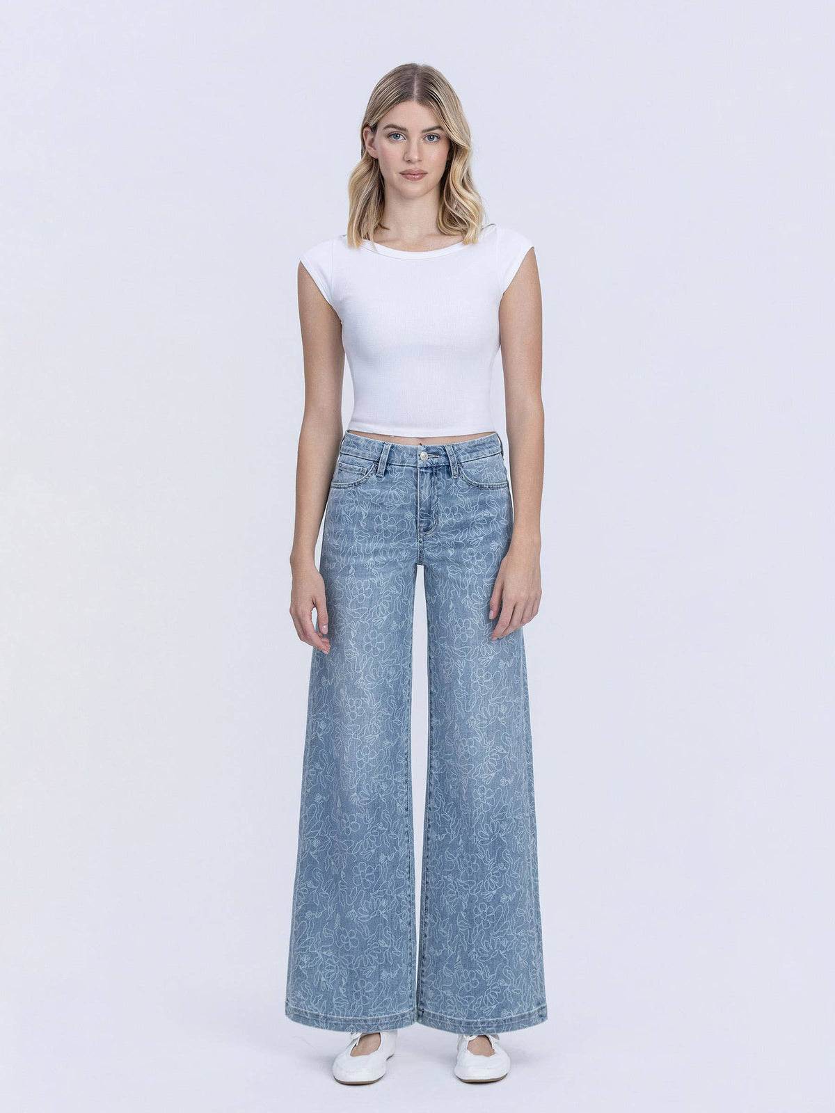 HIGH RISE MEDIUM LIGHT FLORAL PRINT WIDE LEG JEANS T7335FPR