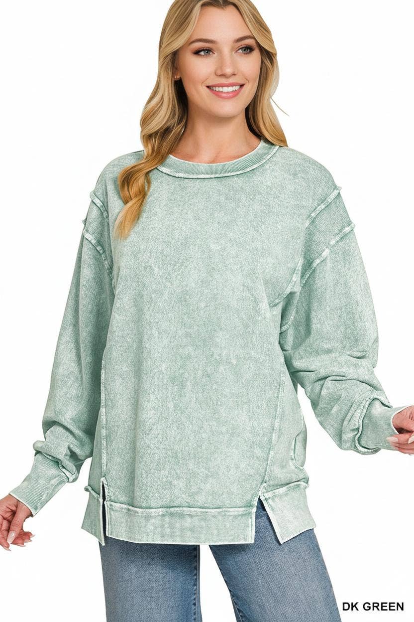 Halo Washed F/Terry Exposed Seam Sweatshirt  - Zenana