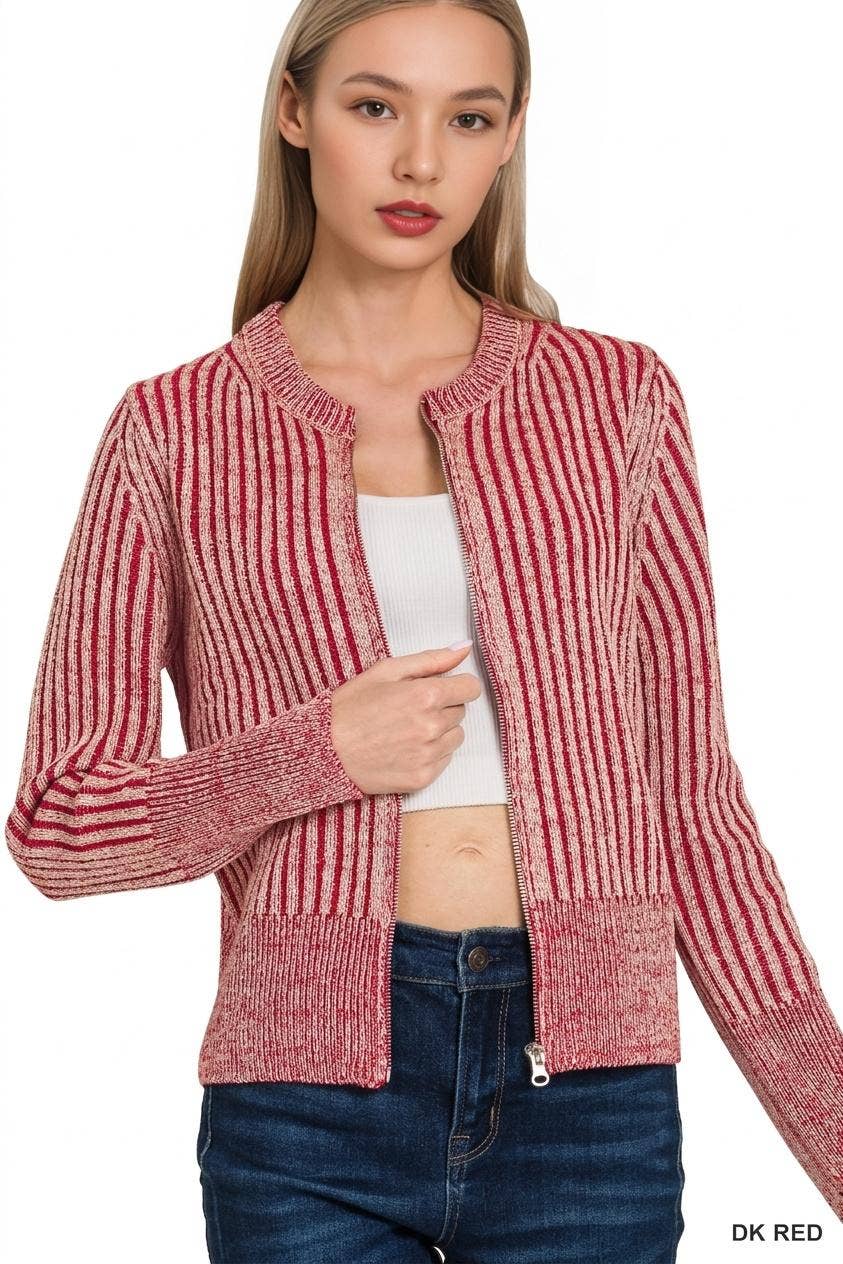 Two Tone Zip Up Sweater Cardigan - Zenana
