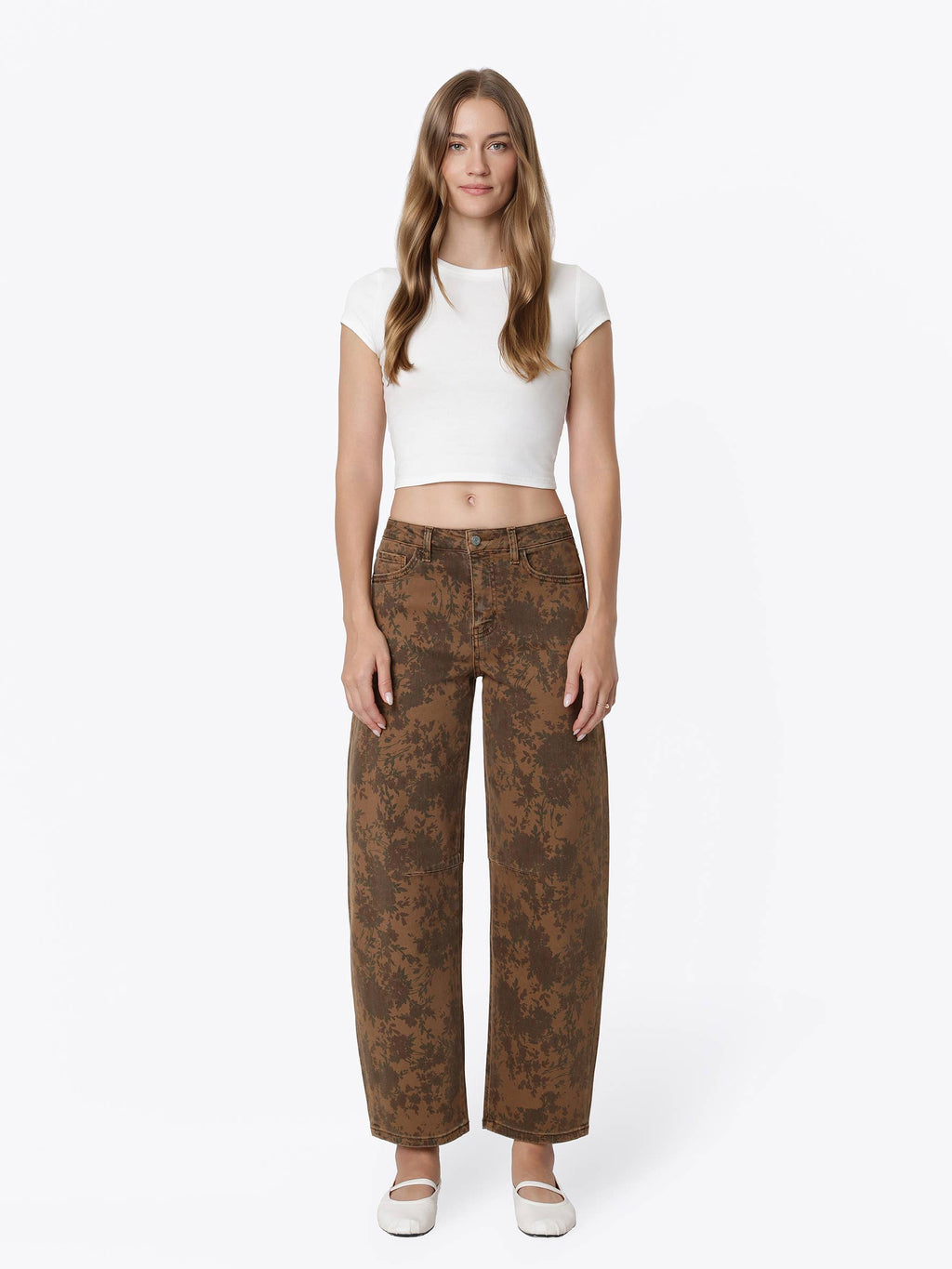 HIGH RISE BROWN FLORAL PRINT BARREL JEANS T7587BRN