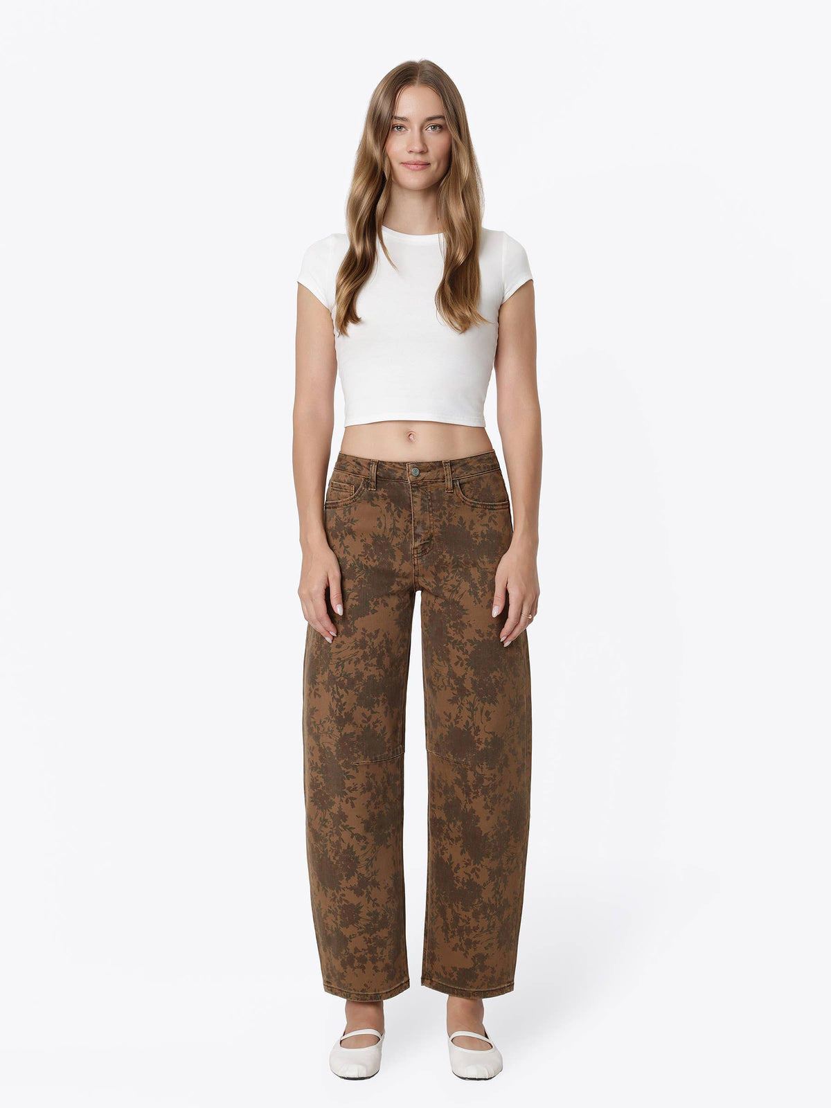 HIGH RISE BROWN FLORAL PRINT BARREL JEANS T7587BRN