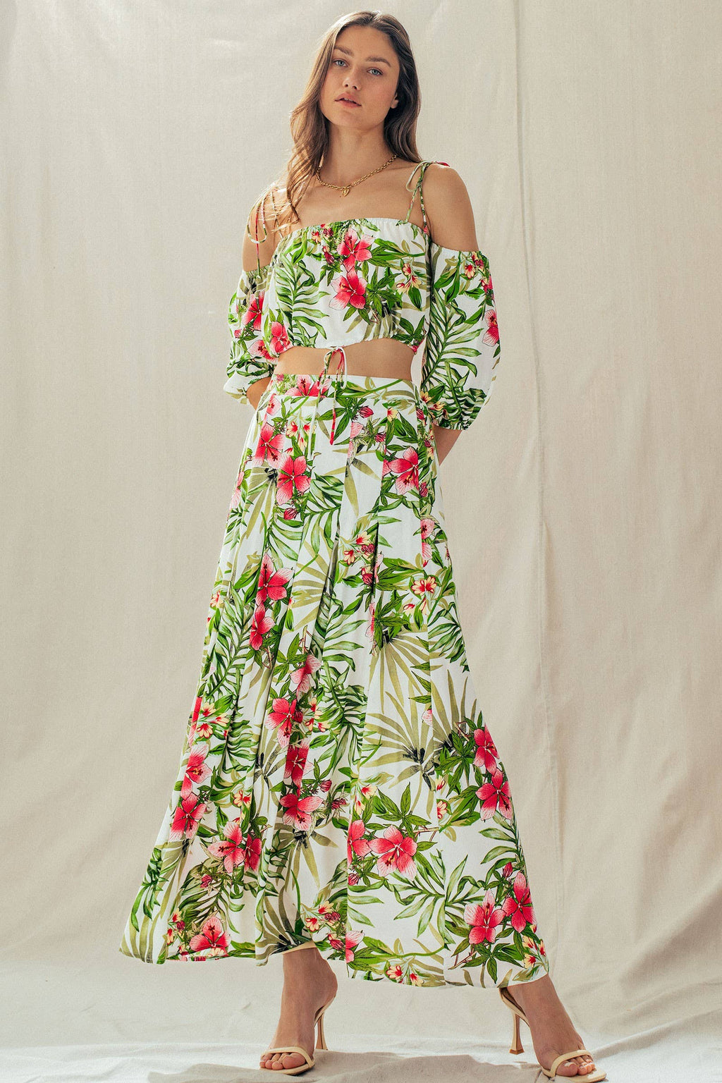 Off Shoulder Crop Top with Floral Maxi Skirt