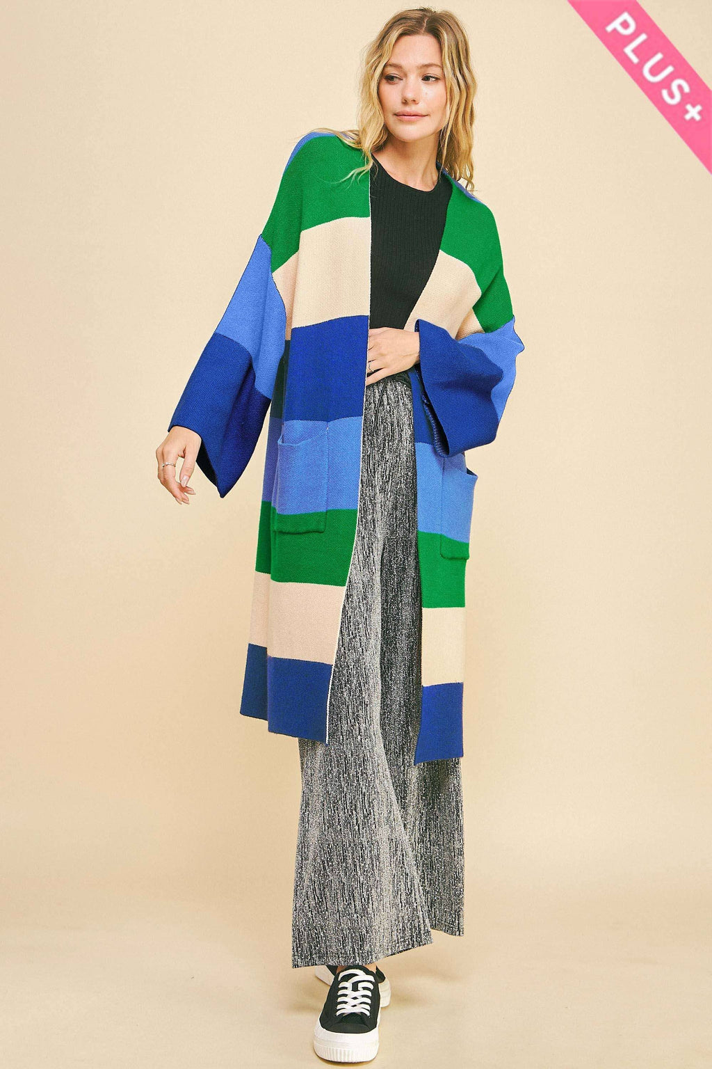 Plus - Multi Stripe Kimono Sleeve Longline Open Cardigan