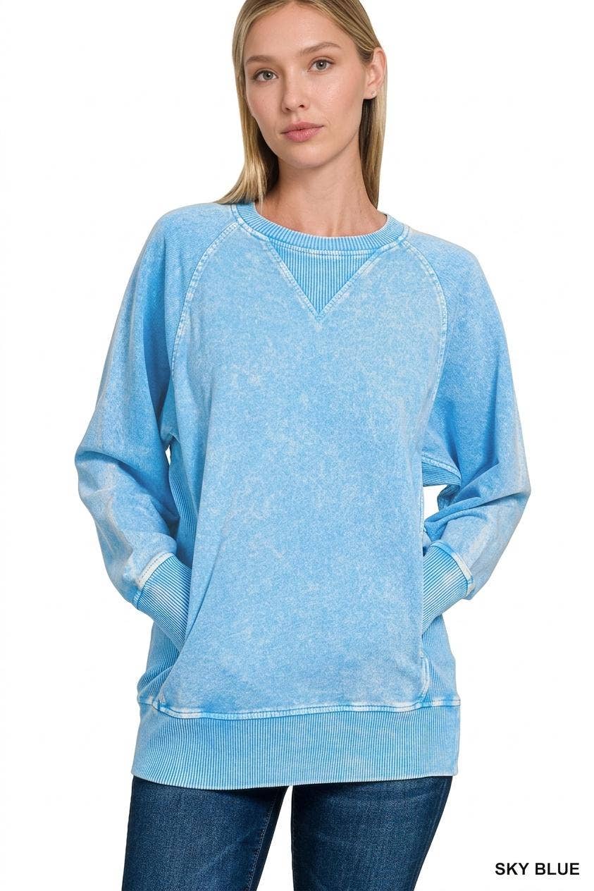 Halo Washed French Terry Raglan Sleeve Pullover W/ Pockets - Zenana